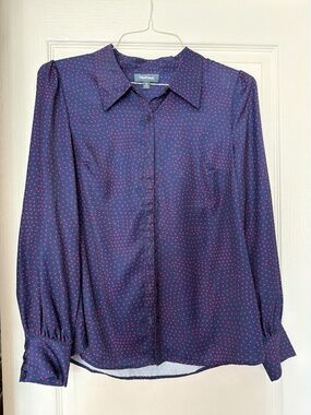 ModCloth Heart Print Button Down Shirt | Size M | Navy Red | Great Condition